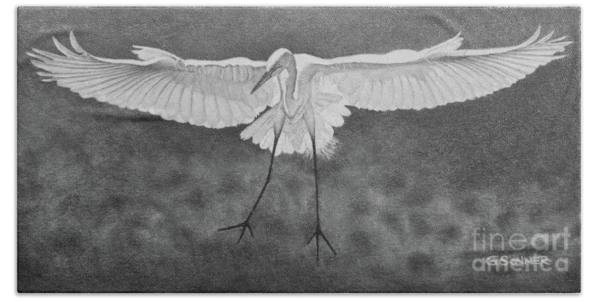Egret Beach Towel featuring the drawing Soft Landing by George Sonner