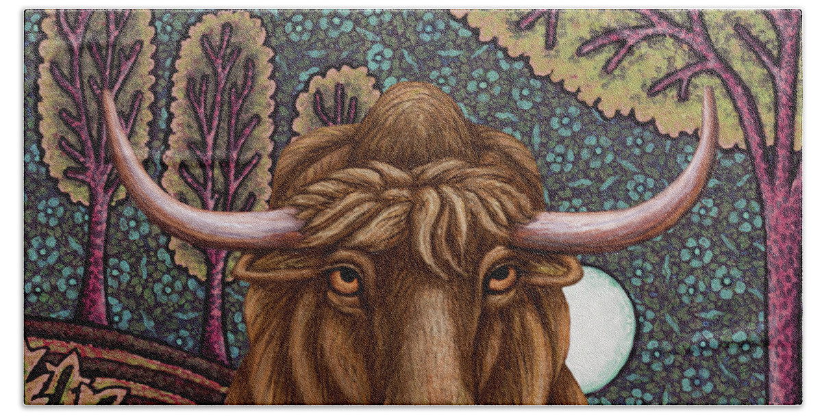 Yak Beach Towel featuring the painting Solemn Yak Moon by Amy E Fraser
