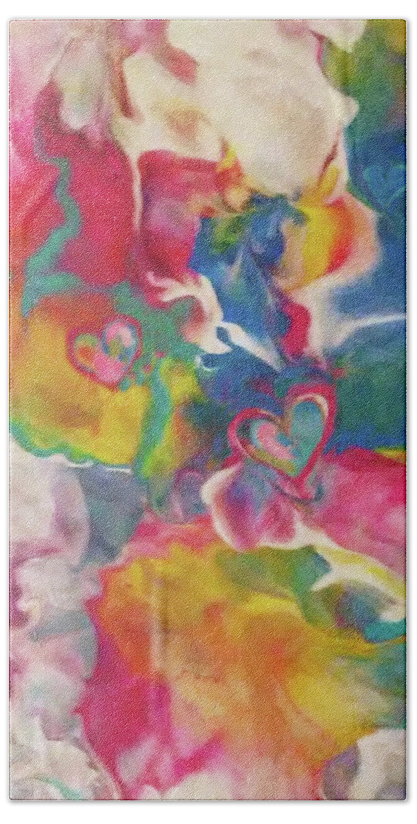 Colorful Abstract Acrylic Hearts Beach Towel featuring the painting Sound Of Sun by Deborah Erlandson