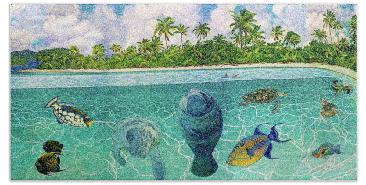 South Pacific Islands Beach Towel featuring the painting South Pacific Paradise with Sea Turtles Towel Version by Bonnie Siracusa