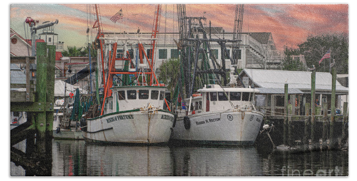 Shem Creek Beach Towel featuring the photograph Southern Shrimp Boats on Shem Creek - Lowcountry Sale Life by Dale Powell