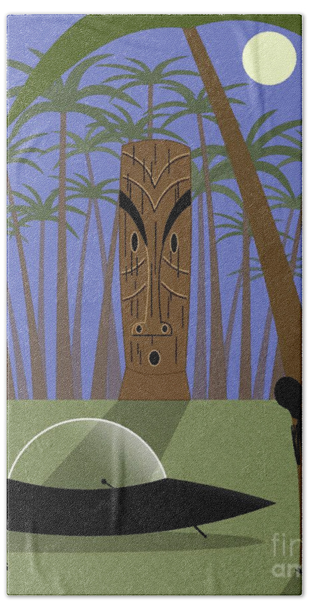 Space Alien Beach Towel featuring the digital art Space Alien Spies Tiki Statue by Donna Mibus