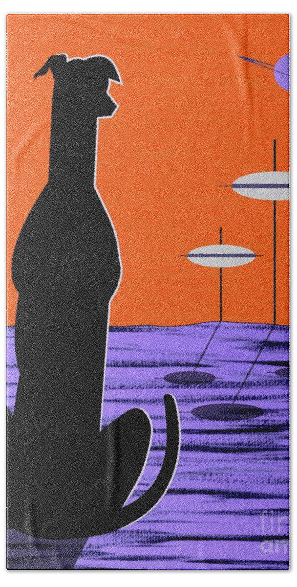 Mid Century Modern Beach Towel featuring the digital art Space Dog Orange Sky by Donna Mibus