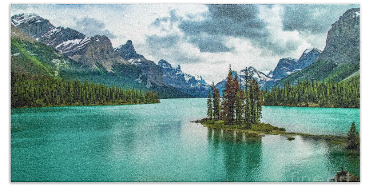 Maligne Lake Beach Towel featuring the photograph Spirit Island by Darcy Dietrich