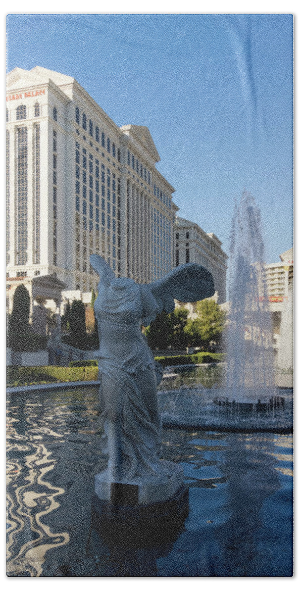 Splendiferous Fountain Beach Towel featuring the photograph Splendiferous Las Vegas Fountain - Goddess Nike the Winged Victory of Samothrace by Georgia Mizuleva