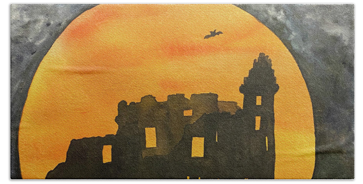 Moon Beach Towel featuring the painting Spooky Castle by Lisa Neuman