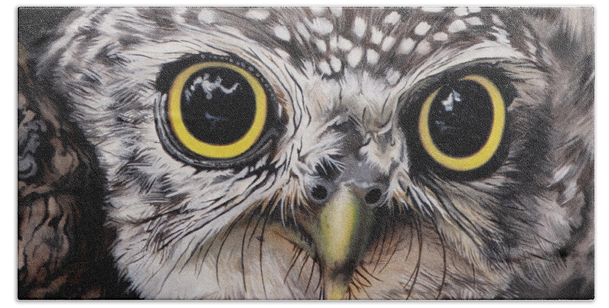 Snarf Beach Towel featuring the painting Spotted Owlet by Nikita Coulombe