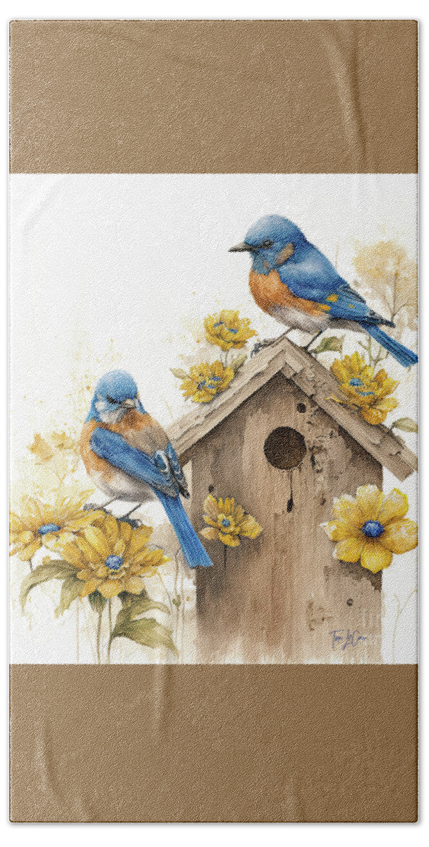 Bluebirds Beach Towel featuring the painting Spring Bluebirds by Tina LeCour