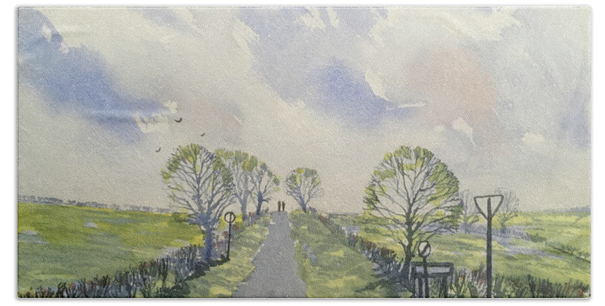 Watercolour Beach Towel featuring the painting Spring Sky over York Road, Kilham by Glenn Marshall