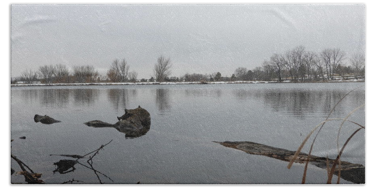 Pond Beach Towel featuring the photograph Spring Snow at the Dickinson Dike by Amanda R Wright