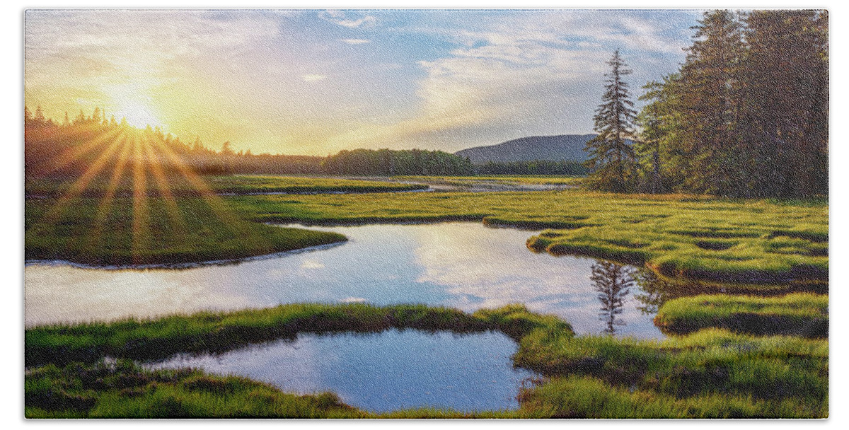 Acadia Beach Towel featuring the photograph Spring Sunset at Bass Harbor Marsh by Kristen Wilkinson