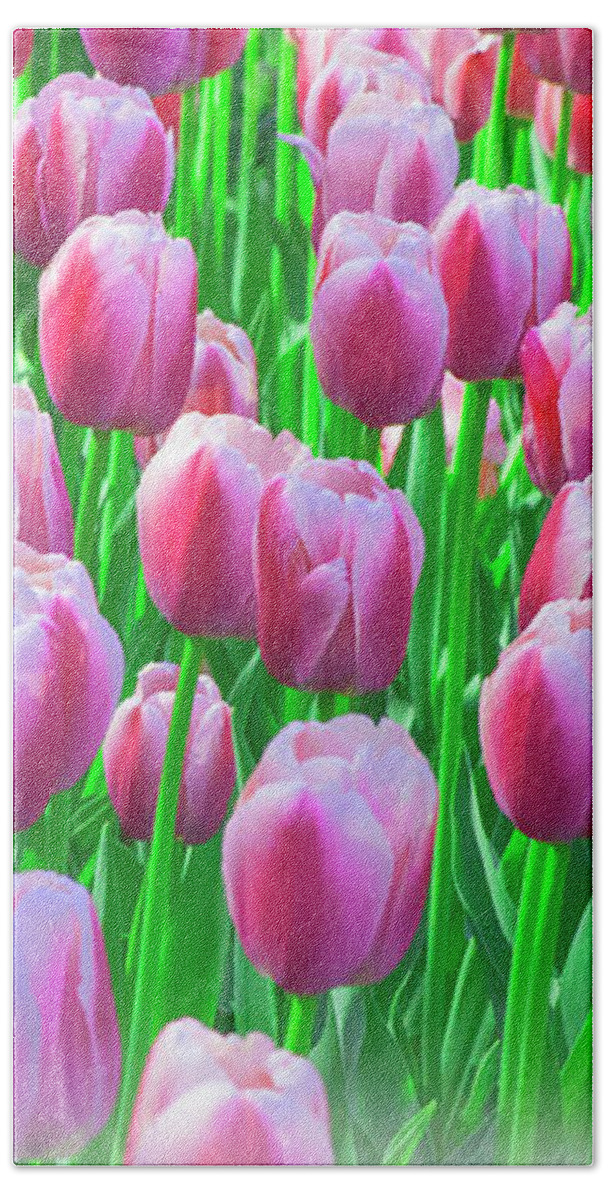 Easter Beach Towel featuring the mixed media Spring Tulips by Moira Law