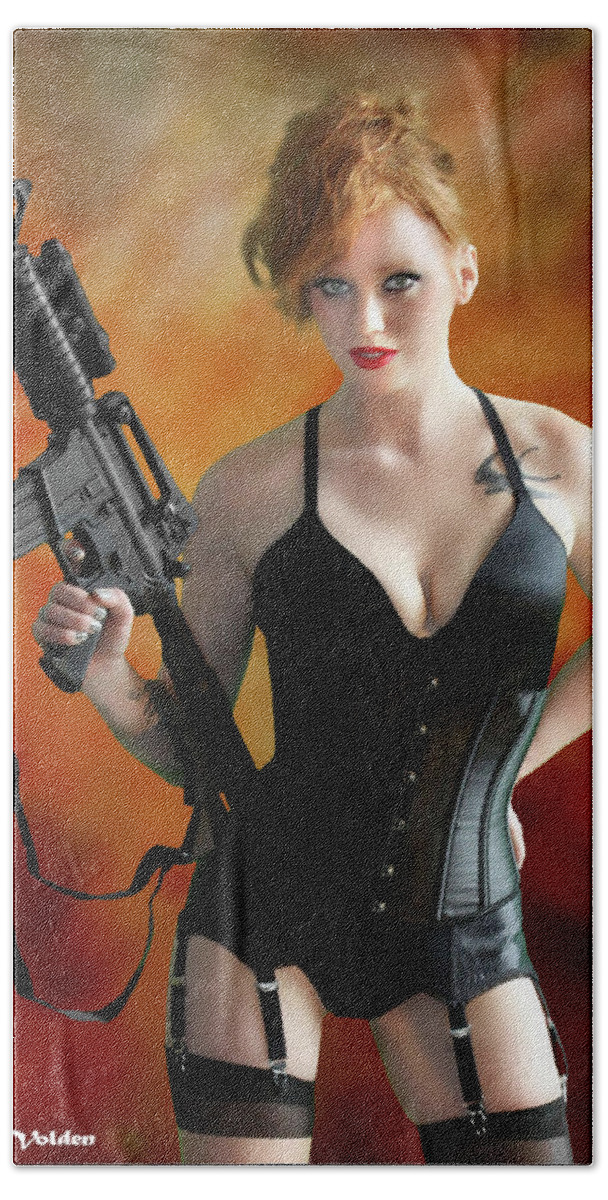 Cosplay Beach Towel featuring the photograph Spy in Lingerie with M16 by Jon Volden