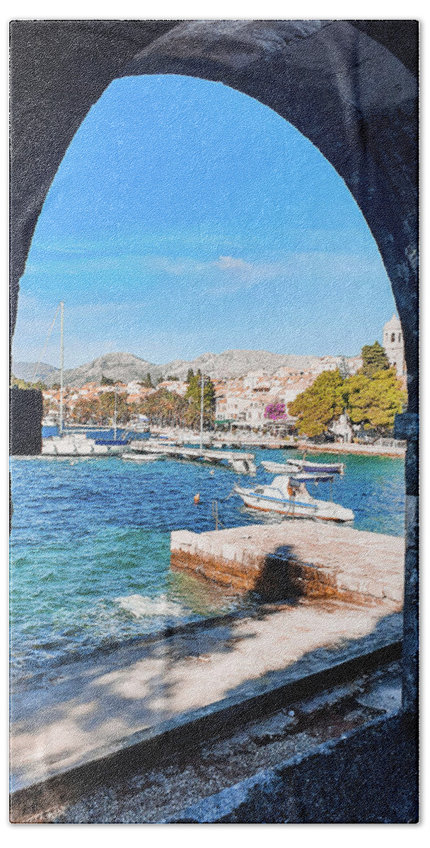 Harbor Beach Towel featuring the photograph Spying on Cavtat by Andrea Whitaker