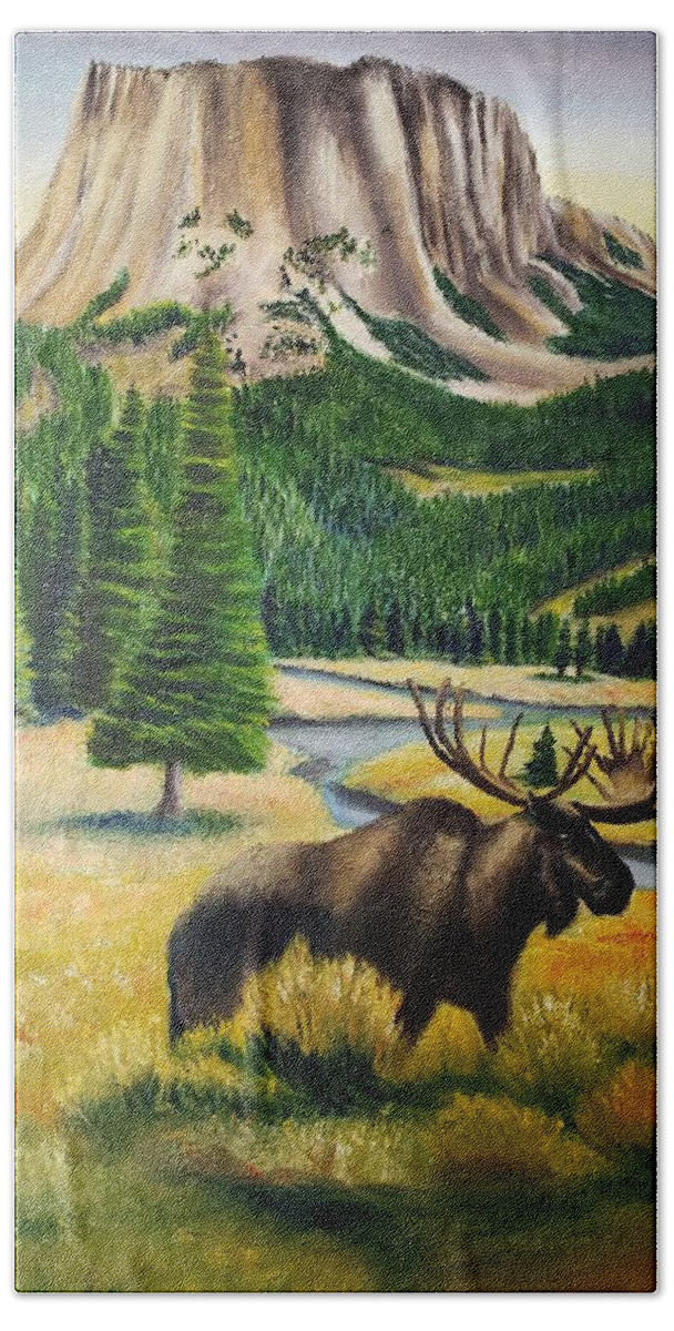 Moose Landscape Mountain Beach Towel featuring the painting Square Top Evening with Moose by Joseph Eisenhart