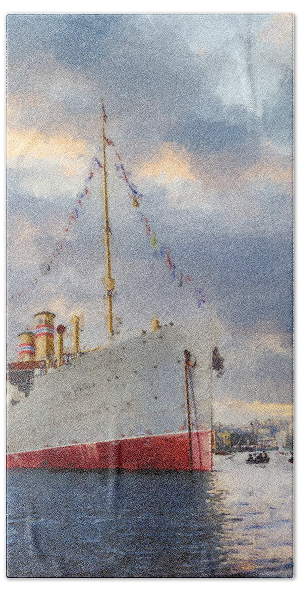 Steamer Beach Towel featuring the digital art S.S. Kristianiafjord 1913 by Geir Rosset