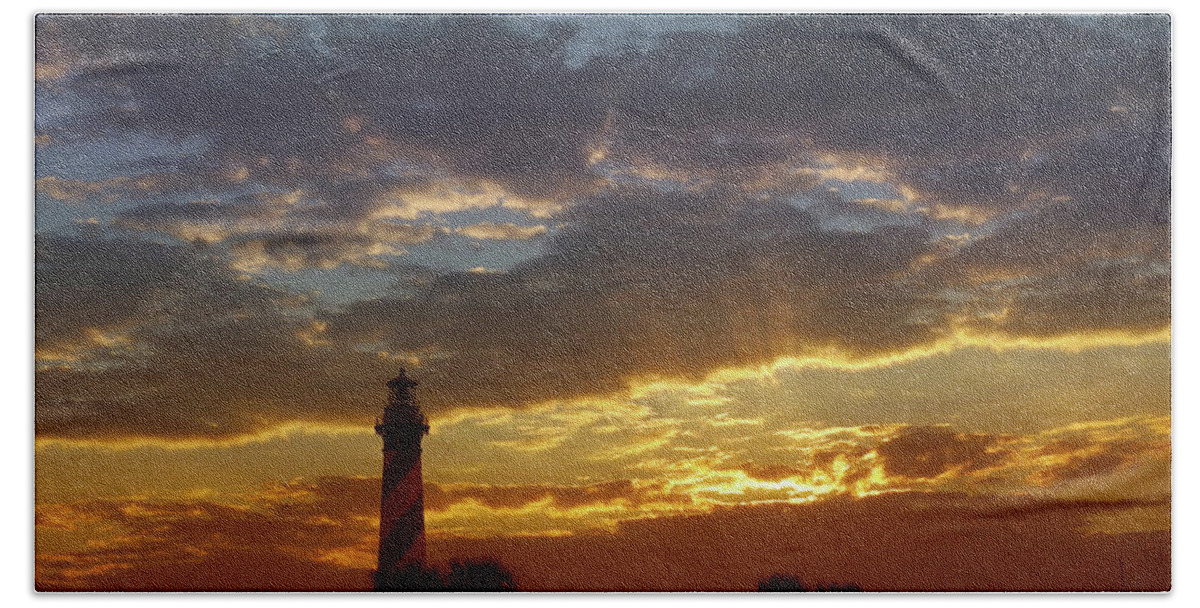 St. Augustine Beach Towel featuring the pyrography St. Augustine Light at Sunset by Rod Seel
