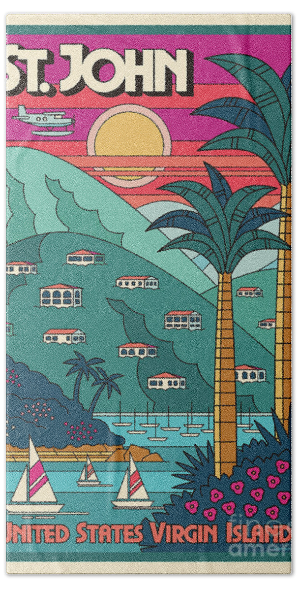 Travel Poster Beach Sheet featuring the digital art St. John Pop Art Travel Poster by Jim Zahniser