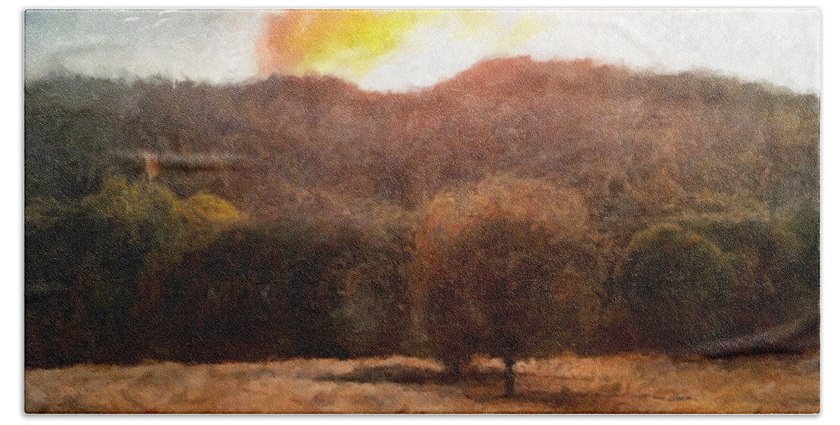  Landscape Beach Towel featuring the painting St. Joseph's Fire, Santa Cruz Mountains, California by Trask Ferrero