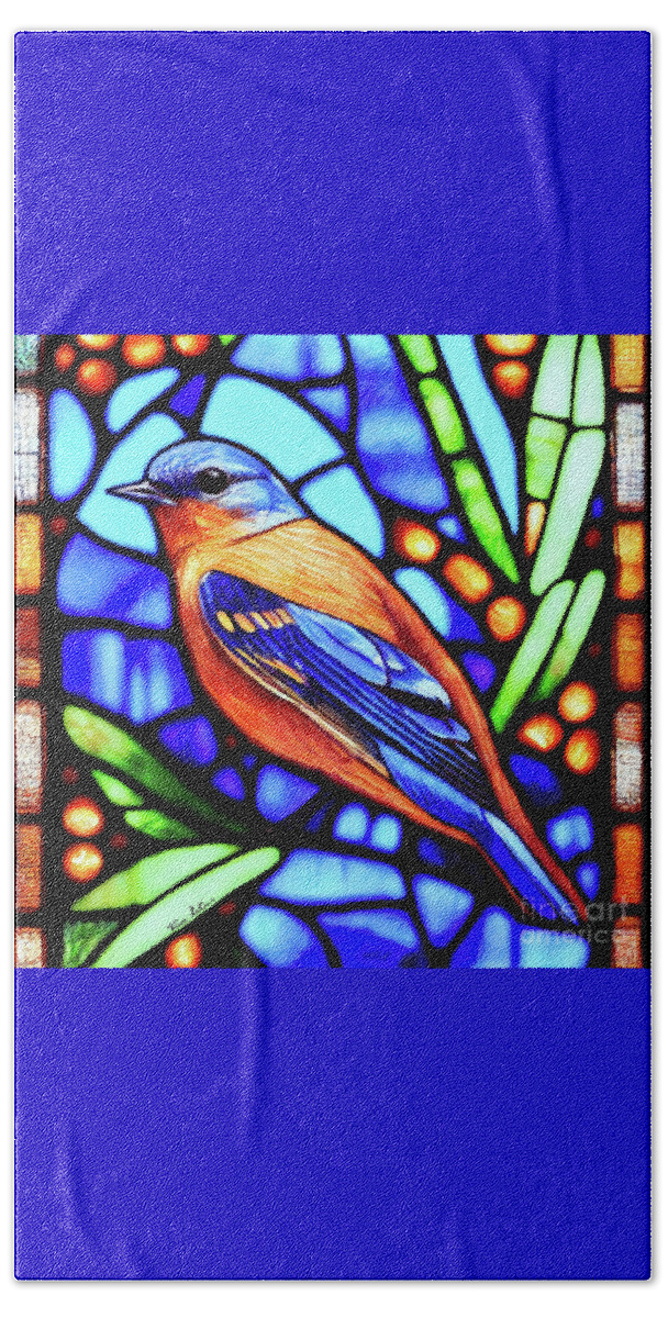 Bluebird Beach Towel featuring the glass art Stained Glass Bluebird 2 by Tina LeCour