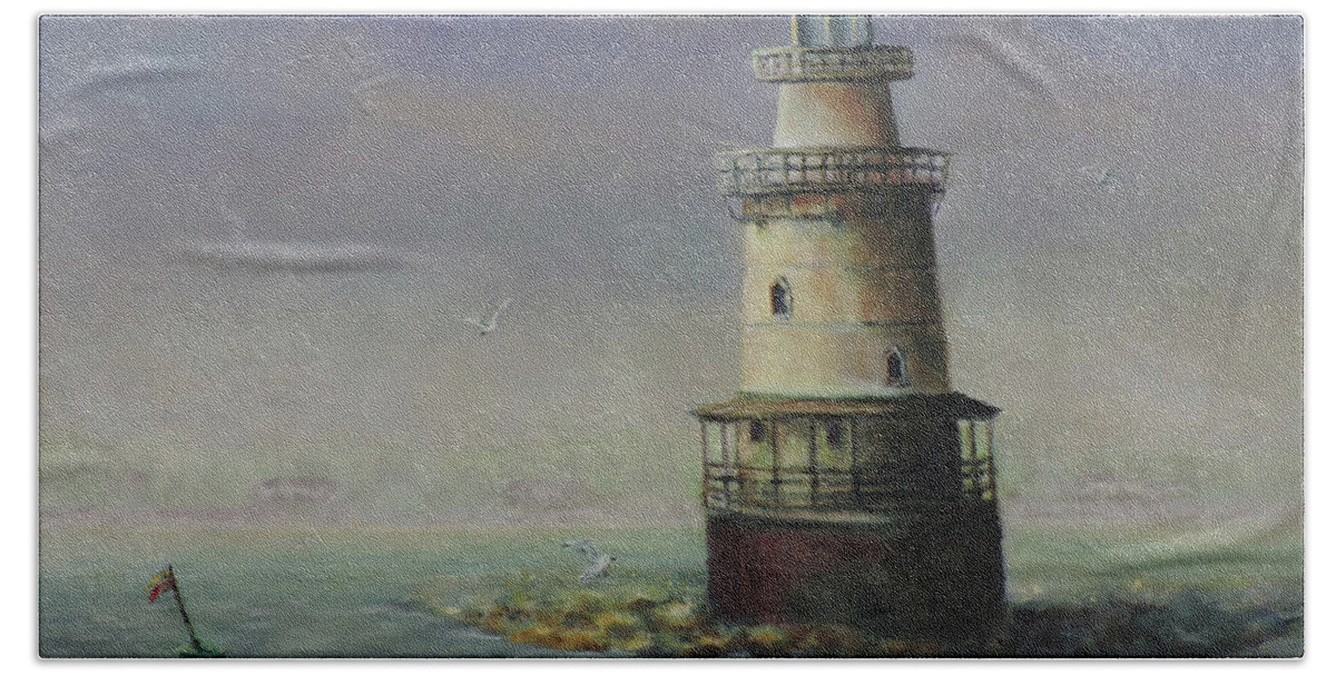 Prints Of Lighthouse Beach Towel featuring the painting Stamford Harbor Ledge Lighthouse by Katalin Luczay