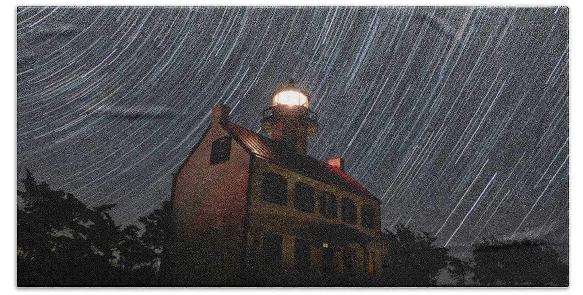 Star Beach Sheet featuring the photograph Star trails over East Point Lighthouse by Daniel Adams