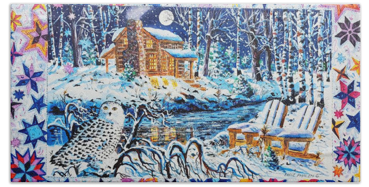 Snow Beach Towel featuring the painting Starry Night Owl by Diane Phalen