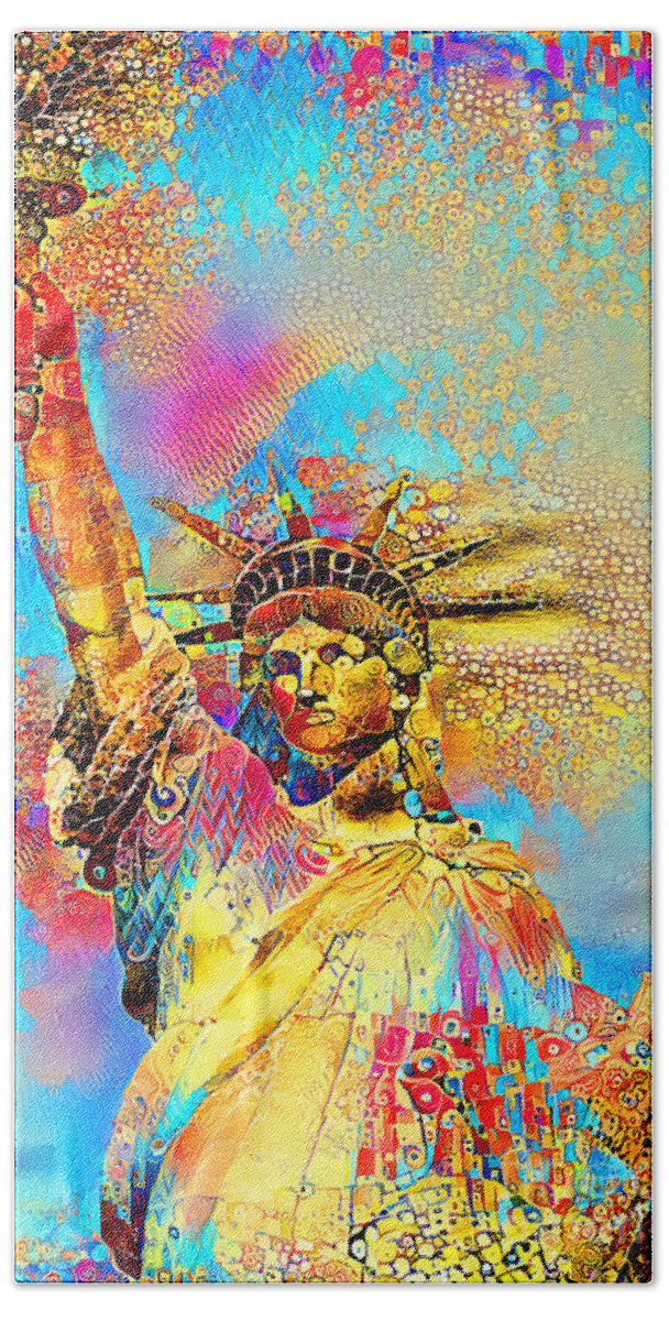 Wingsdomain Beach Towel featuring the photograph Statue of Liberty in a Gustav Klimt World 20210701 v2 by Wingsdomain Art and Photography