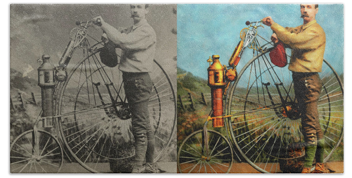 Steampunk Beach Towel featuring the photograph Steampunk - The Steampowered Bicycle 1884 - Side by Side by Mike Savad