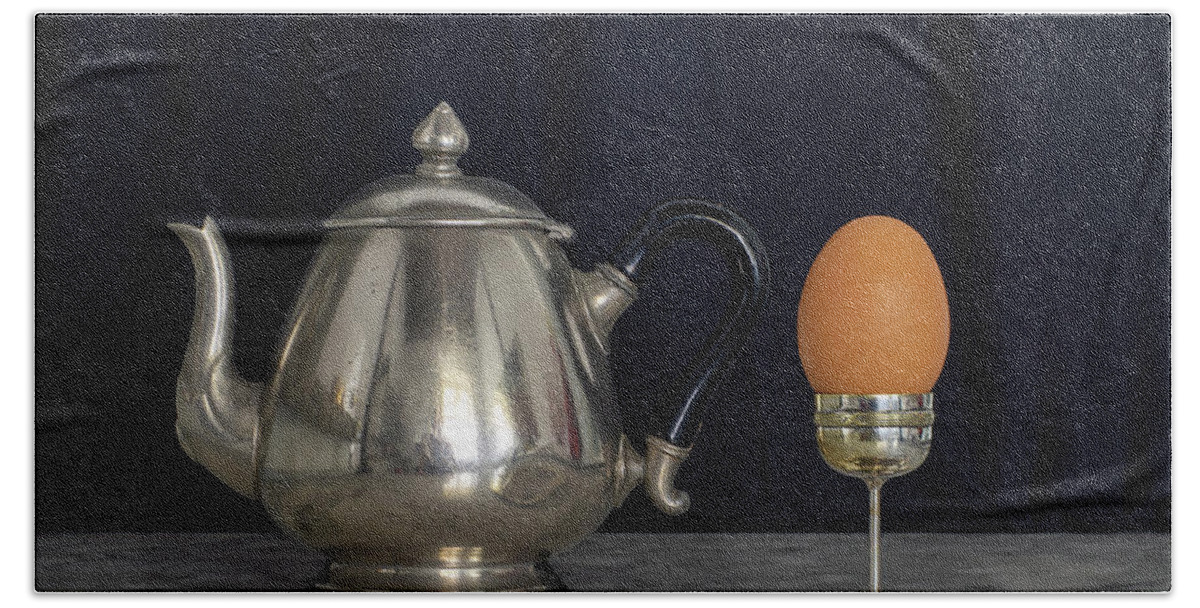 Patina Beach Towel featuring the photograph Sterling Silver Eggcup and Teapot Black Background Still Life by Pablo Avanzini