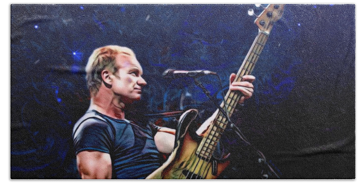 Gordon Matthew Thomas Sumner Beach Sheet featuring the digital art Sting With Bass Guitar Action Portrait by Scott Wallace Digital Designs