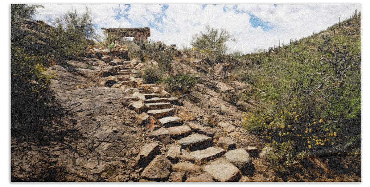 Canyon Beach Towel featuring the photograph Stone stairs to desert picnic oasis by Craig A Walker