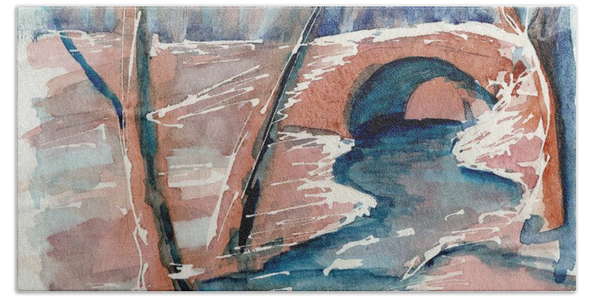 Semicircle Beach Towel featuring the painting StoneArch Bridge in Stillwater by Tammy Nara