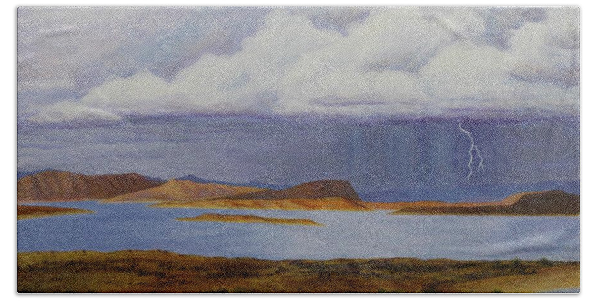 Kim Mcclinton Beach Towel featuring the painting Storm at Lake Powell- center panel of three by Kim McClinton