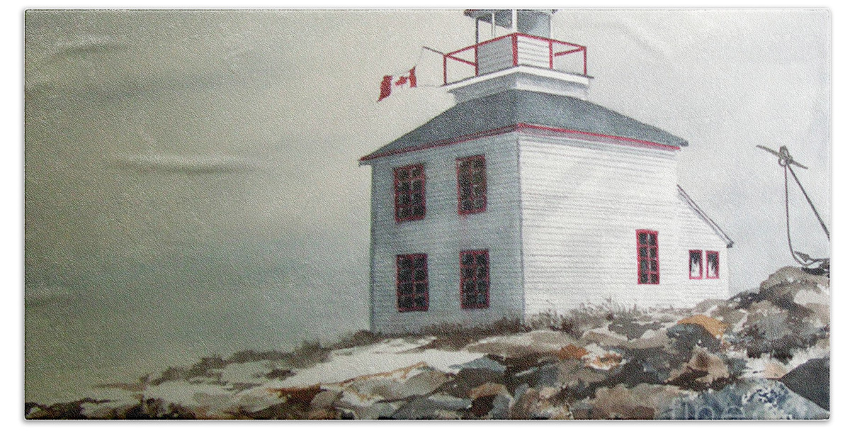 A Storm Approaches A Lighthouse In Canada. Beach Towel featuring the painting Storm Watch by Monte Toon