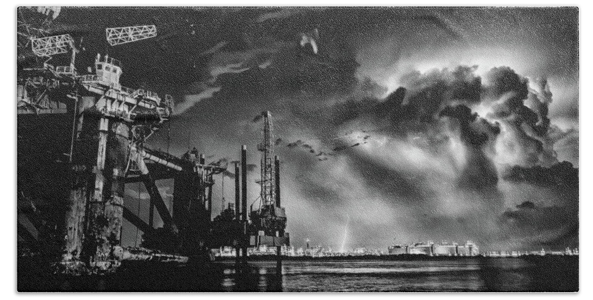Black And White Beach Towel featuring the photograph Stormy Night Black and White by Jerry Connally