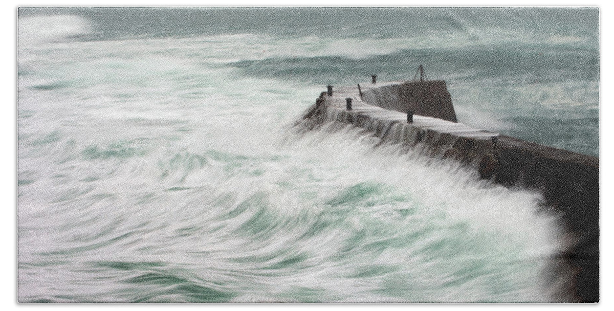Sea Beach Towel featuring the photograph Stormy sea Sennen Cove by Tony Mills