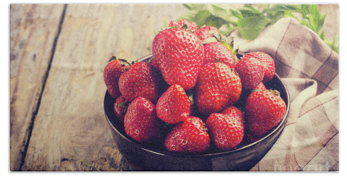 Strawberry Beach Towel featuring the photograph Strawberries in bowl by Jelena Jovanovic