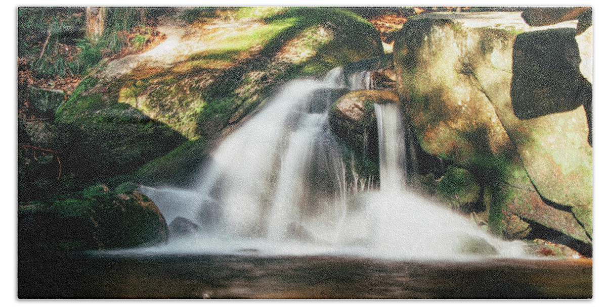 Jizera Mountains Beach Towel featuring the photograph Stream of water gushes over massive rocks by Vaclav Sonnek
