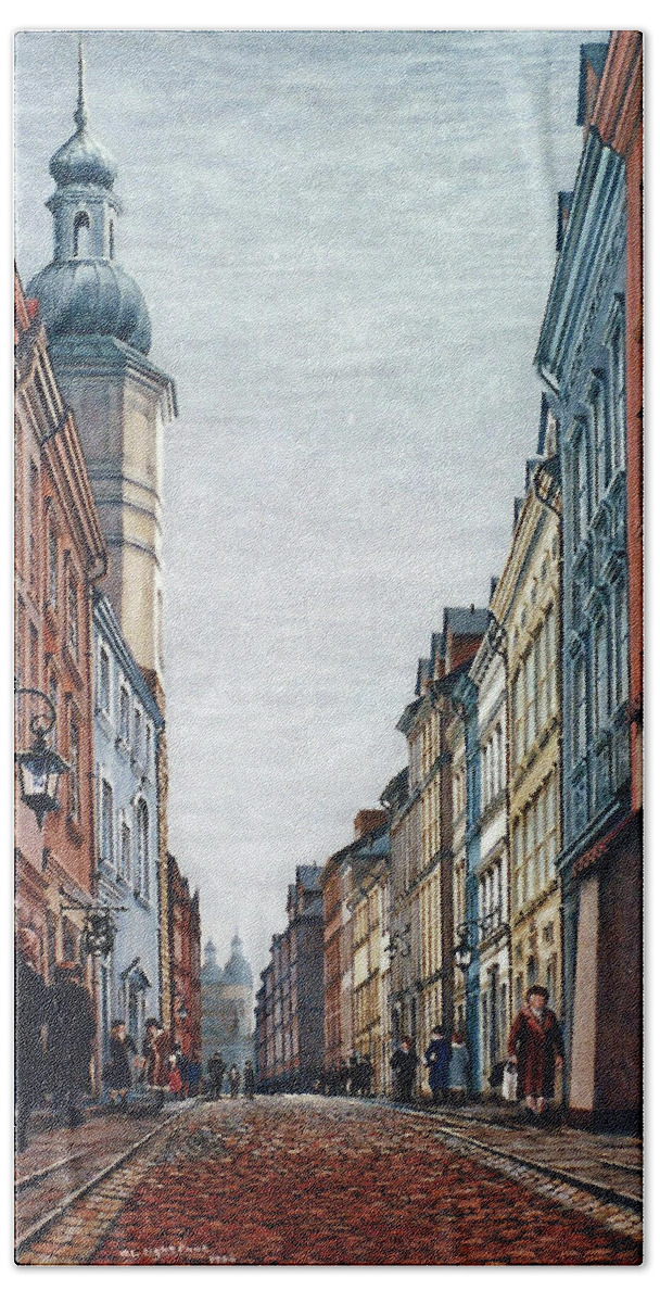 Cityscape Beach Towel featuring the painting Street Scene, Warsaw, Poland by George Lightfoot