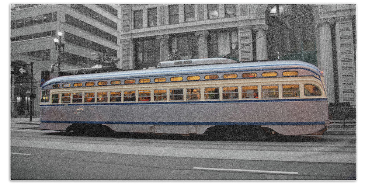 Dusk Beach Towel featuring the photograph Streetcar in SF at Dusk by Matthew Bamberg