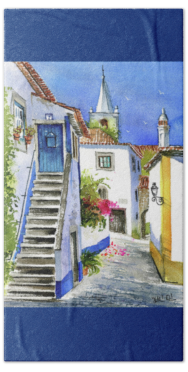 Portugal Beach Towel featuring the painting Streets of Obidos - Portugal by Dora Hathazi Mendes