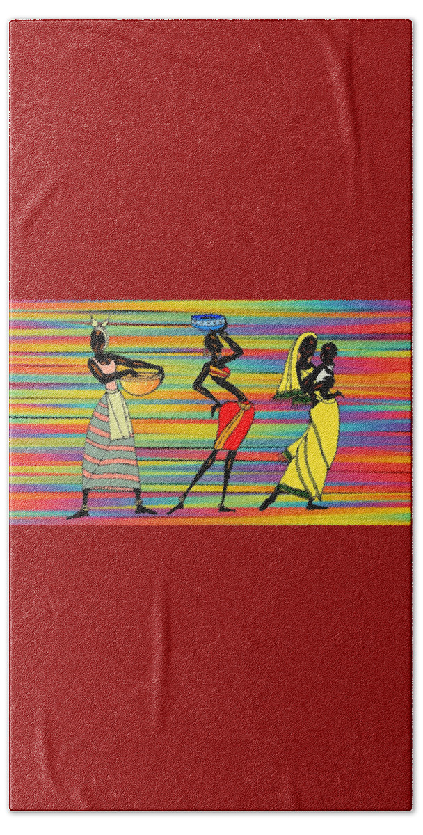 African Beach Towel featuring the painting Stylized African Women by Nancy Ayanna Wyatt and donor