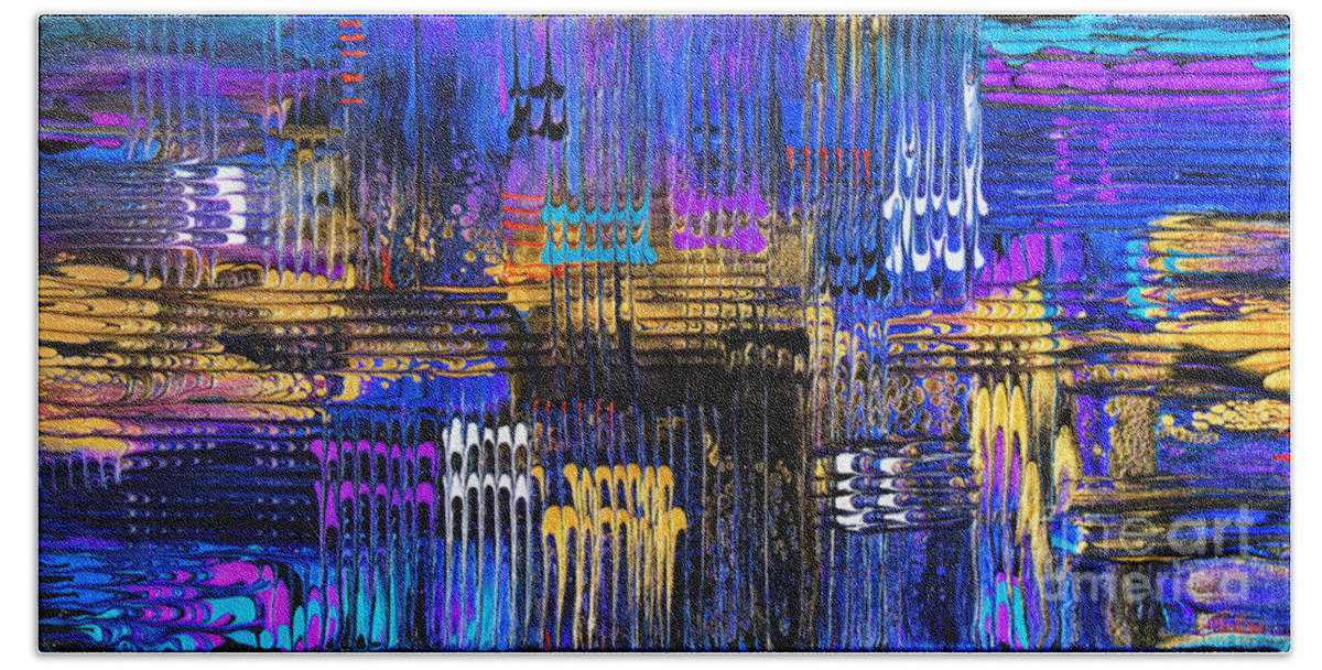 Colorful Dramatic Textural Flowing Blues Blue-hues Purple Gold Yellow Geometric Beach Towel featuring the painting Sublime Abstracted Plaid 6923 by Priscilla Batzell Expressionist Art Studio Gallery