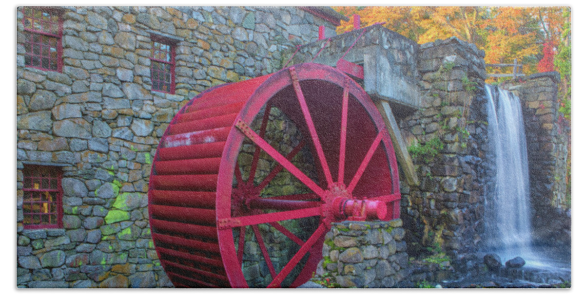 Red Waterwheel Beach Towel featuring the photograph Sudbury Grist Mill Red Waterwheel by Juergen Roth