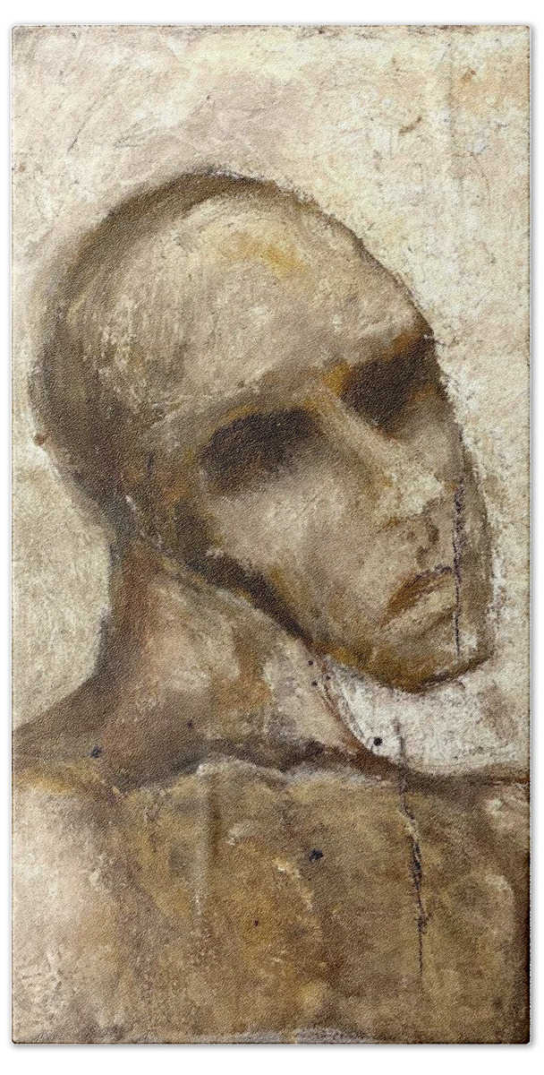 Deliberately Cut Canvas Of Grotesque Reassembled Figure. Beach Towel featuring the painting Suffering by David Euler