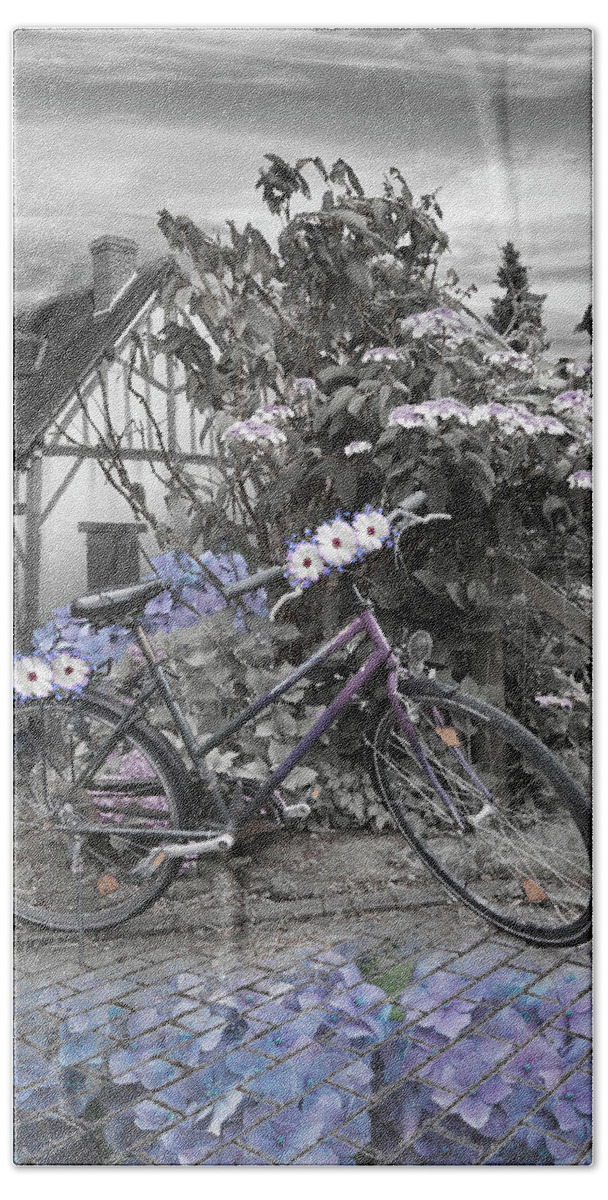 Austria Beach Towel featuring the photograph Summer Cycling in Flowers Black and White and Blues by Debra and Dave Vanderlaan
