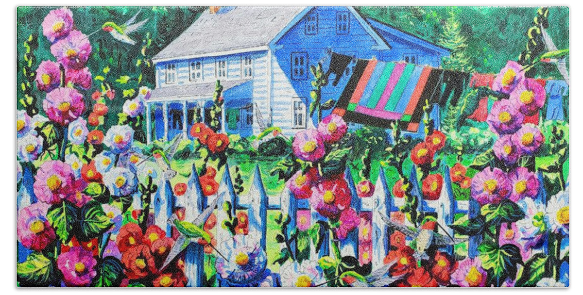 Hollyhocks Beach Towel featuring the painting Summer Farm House and Hollyhocks by Diane Phalen