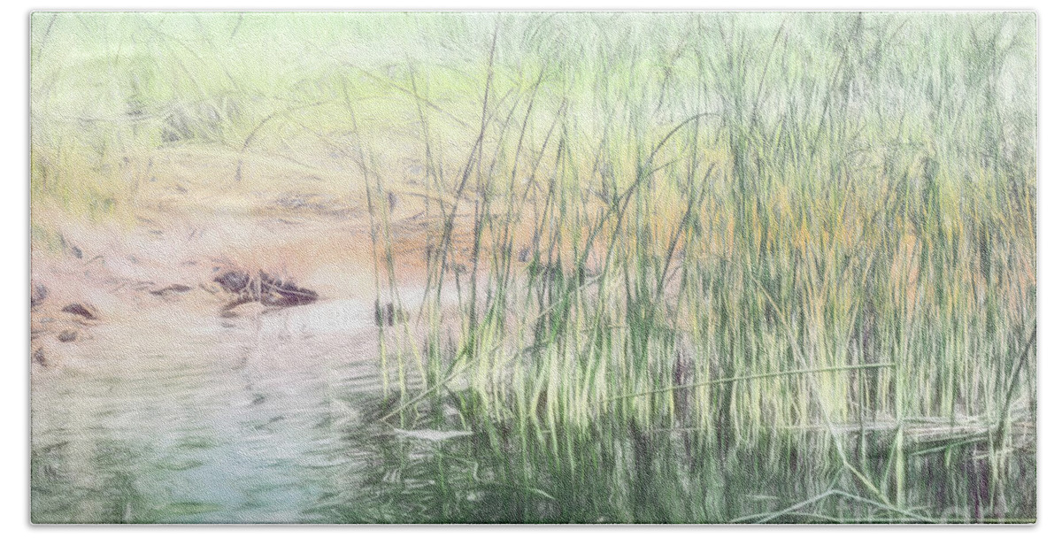Lake Beach Towel featuring the digital art Summer Lake Reeds by Jean OKeeffe Macro Abundance Art