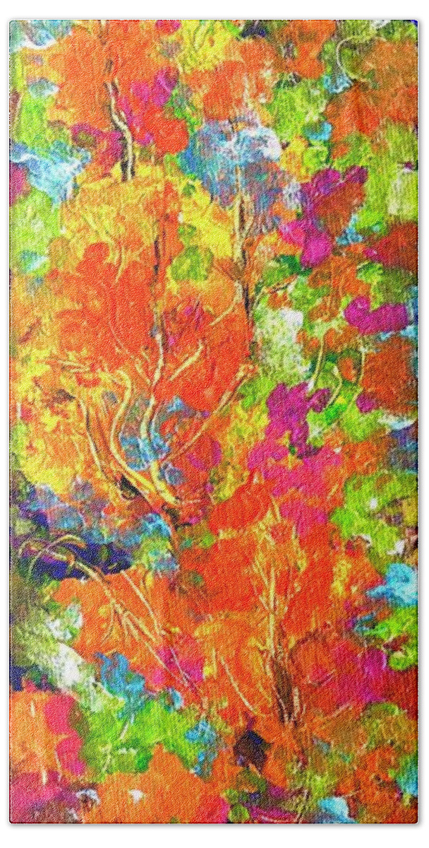 Red And Orange Flowers Long Size Landscape Fire Element. Beach Towel featuring the painting Summer magic 1. by Caroline Patrick